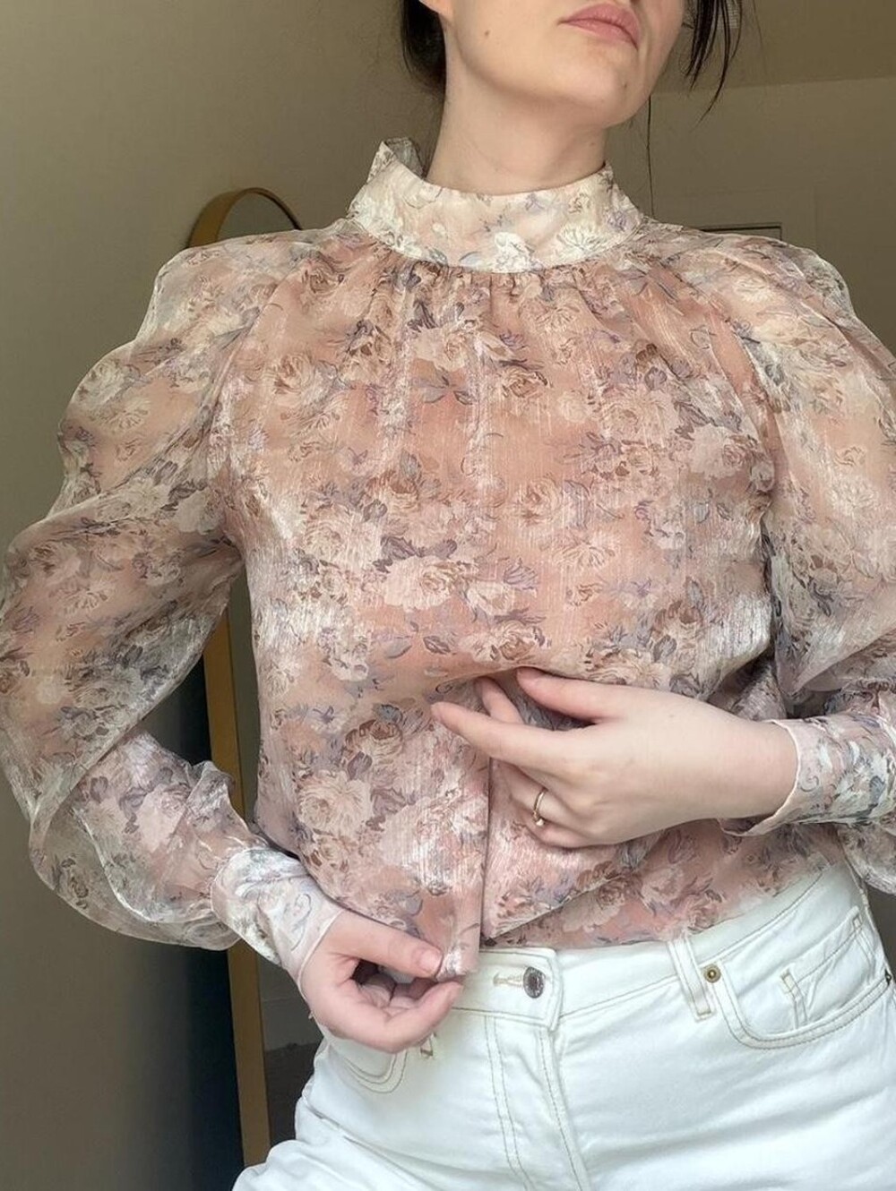 En Saison Romantic Sheer Floral Mock Neck Smocked Blouse in Muted Peach L